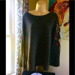 EUC  Loft bell sleeve embroidered sweater grey